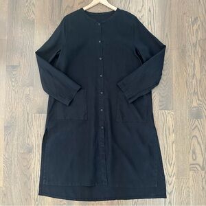 Eileen Fisher 100% Linen Band Collar Tunic Length Button Front Blouse Black L